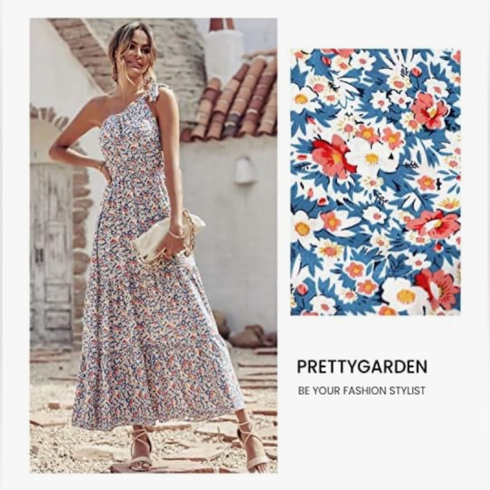 Prettygarden Blue Floral Tiered Knot One Shoulder Maxi Dress - Picture 9 of 10